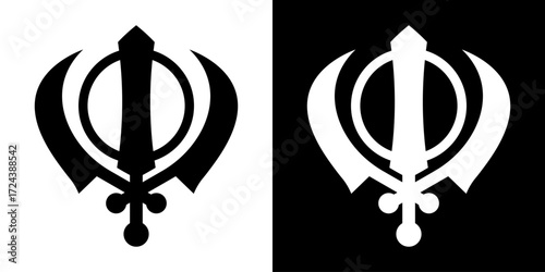 Black white Khanda Sikh religious symbol, Punjab Sikhism element for Guru Nanak Jayanti Gurpurab festival celebration poster design. India culture. Vector illustration