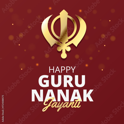 Happy Guru Nanak Jayanti poster card banner with Khanda Sikh religious symbol. Sikhism celebration design, greeting festival background. Punjab Gurpurab concept. Vector illustration