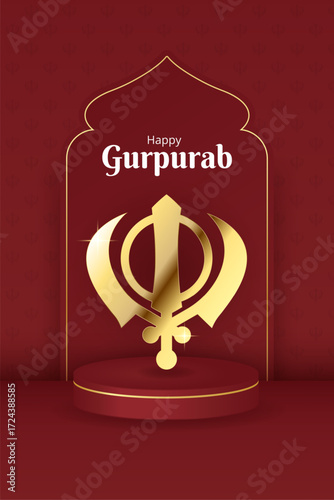 Guru Nanak Jayanti poster with Khanda Sikh religious symbol. Sikhism celebration design, vertical greeting festival background. Punjab Gurpurab concept. Vector illustration