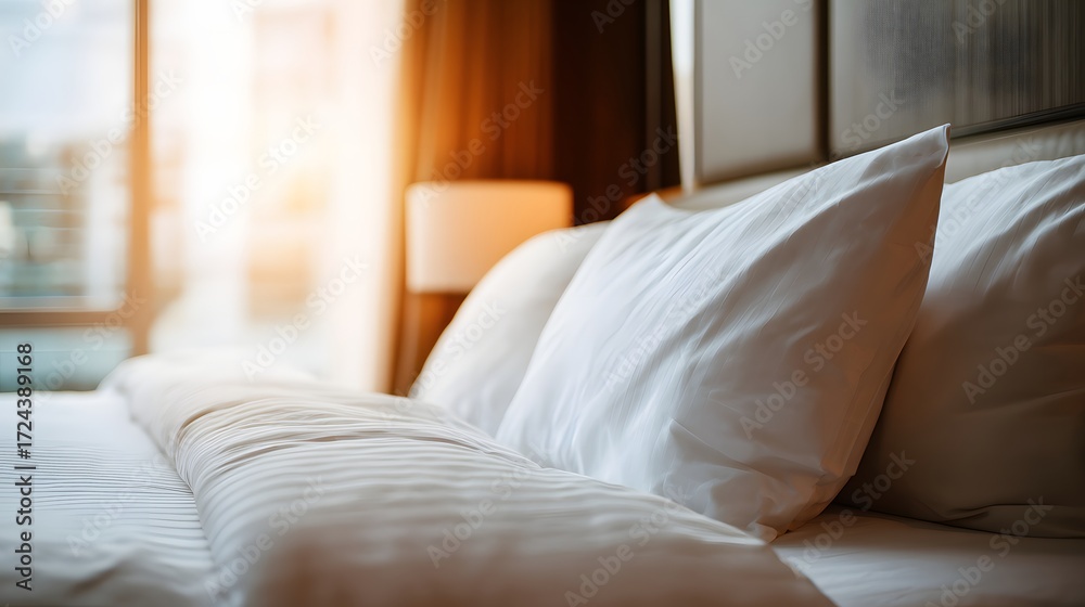Fototapeta premium Neatly made bed with soft white bedding in hotel.