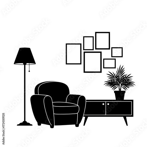 Cozy armchair with a floor lamp and cabinet