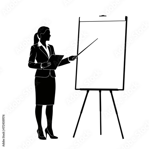 Businesswoman pointing at a blank flip chart