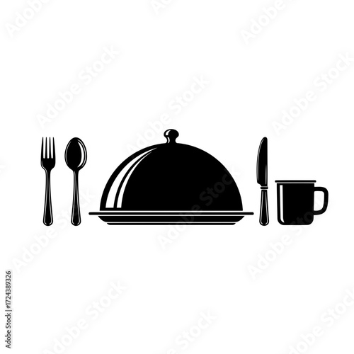 Restaurant cloche with cutlery and mug