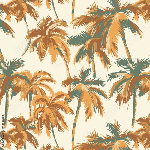 Seamless pattern with seaside, palms and boat in graphic style. Vector.