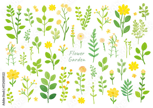 黄色い花と緑の葉の背景イラスト・草花のパターンデザイン