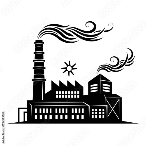 Black silhouette of a factory with smoke coming from chimneys