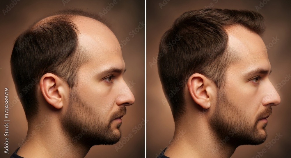Fototapeta premium Before and after hair transplant, a man with bald spots and grown hair. Hair loss concept with successful treatment.