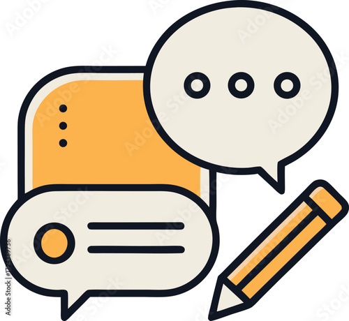 Minimal outline icon of a conversation balloon and pencil.
