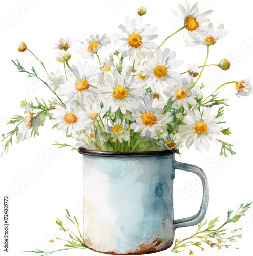 Watercolor white wildflowers in an enamel mug