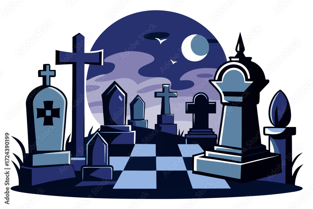 Obraz premium A mysterious haunted library illustration featuring enchanted books flying like bats in the moonlit night. Perfect for Halloween backgrounds, spooky party invitations, eerie posters, gothic fantasy ar