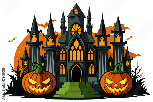 A mysterious haunted library illustration featuring enchanted books flying like bats in the moonlit night. Perfect for Halloween backgrounds, spooky party invitations, eerie posters, gothic fantasy ar