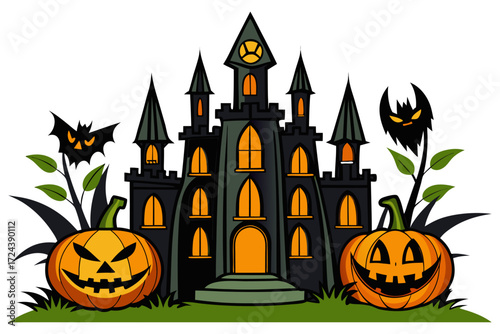 A mysterious haunted library illustration featuring enchanted books flying like bats in the moonlit night. Perfect for Halloween backgrounds, spooky party invitations, eerie posters, gothic fantasy ar