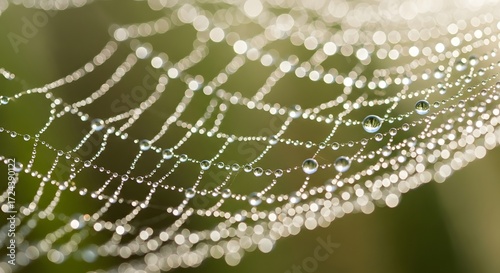 Close up of glistening dew drops on a spider web macro detail with natural sunlight