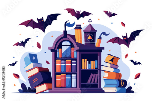 A mysterious haunted library illustration featuring enchanted books flying like bats in the moonlit night. Perfect for Halloween backgrounds, spooky party invitations, eerie posters, gothic fantasy ar