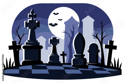 A mysterious haunted library illustration featuring enchanted books flying like bats in the moonlit night. Perfect for Halloween backgrounds, spooky party invitations, eerie posters, gothic fantasy ar