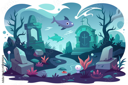 A mysterious haunted library illustration featuring enchanted books flying like bats in the moonlit night. Perfect for Halloween backgrounds, spooky party invitations, eerie posters, gothic fantasy ar