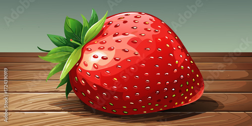 Macro photograph of a single ripe strawberry with fresh water droplets, on a rustic wooden table. Extreme detail, glistening, vibrant red, green stem, natural sunlight, appetizing, fresh fruit concept