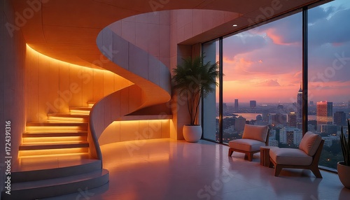 Interior of a modern penthouse apartment with spiral staircase and city view at sunset or sunrise