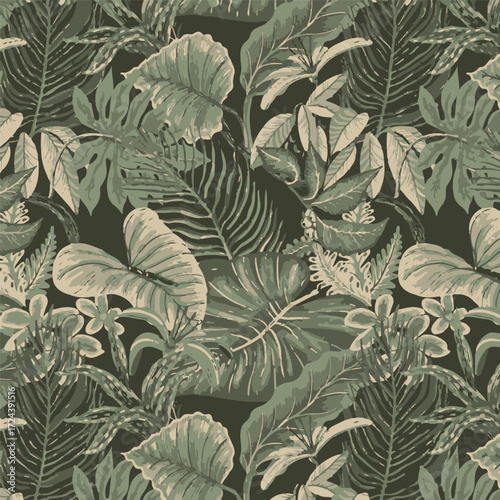 Botanical seamless tropical pattern with bright plants and leaves on dark background. tropical wallpaper. jungle print. vector design. Printing and textiles. Exotic tropics. Summer design