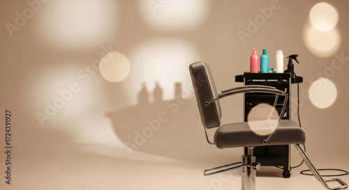 Fototapeta Naklejka Na Ścianę i Meble -  Hairdressing salon chair with care products with soft lighting. Professional beauty parlor for hair treatment.