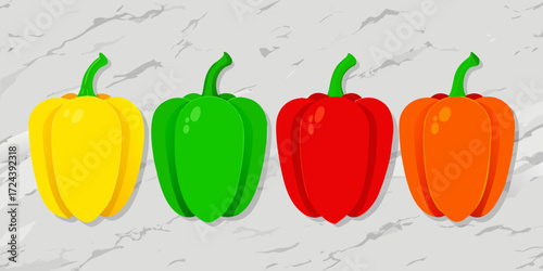 Colorful assortment of bell pepper cross-sections red yellow orange green, arranged neatly on a marble background. Top-down flat lay, vibrant colors, fresh vegetables, healthy eating, cooking ingredie