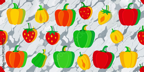 Colorful assortment of bell pepper cross-sections red yellow orange green, arranged neatly on a marble background. Top-down flat lay, vibrant colors, fresh vegetables, healthy eating, cooking ingredie