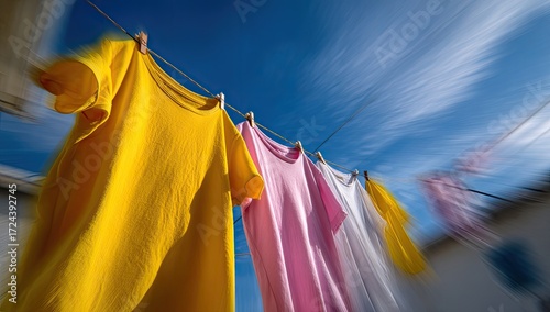 Colorful clothes drying outdoors on a sunny day