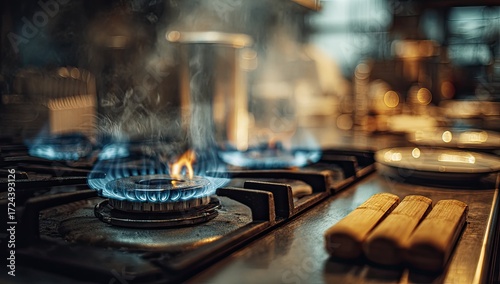 Commercial kitchen stovetop with blazing blue flames