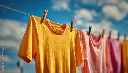 Laundry drying on a clothesline under a partly cloudy sky