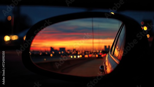 A car's rearview mirror reflecting a vibrant sunset over a city at night
