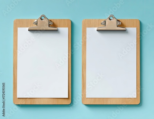 Two wooden clipboards with blank white paper