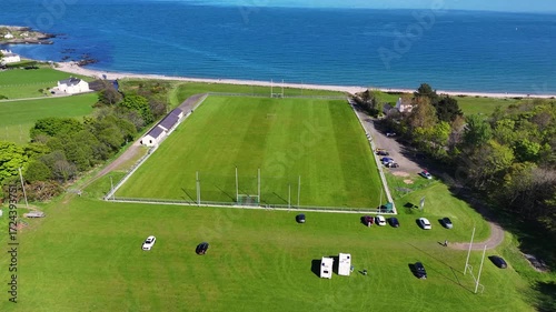 Aerial Drone View of Robert Emmets GAC Cushendun Hurling Pitch Cushendun Village Co Antrim Northern Ireland