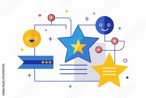 Vector flat illustration showing a man giving a star rating to an AI chatbot on a digital interface. Perfect for concepts related to customer feedback, online reviews, chatbot interaction, user satisf