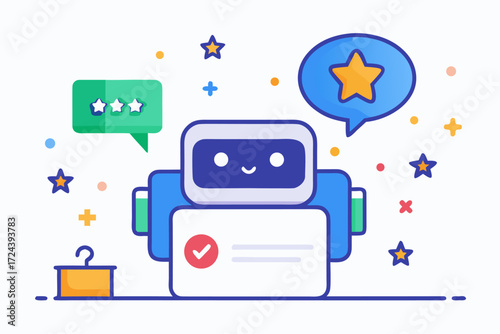 Vector flat illustration showing a man giving a star rating to an AI chatbot on a digital interface. Perfect for concepts related to customer feedback, online reviews, chatbot interaction, user satisf