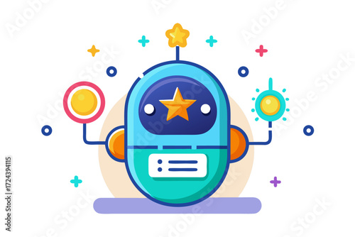 Vector flat illustration showing a man giving a star rating to an AI chatbot on a digital interface. Perfect for concepts related to customer feedback, online reviews, chatbot interaction, user satisf