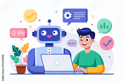 Vector flat illustration showing a man giving a star rating to an AI chatbot on a digital interface. Perfect for concepts related to customer feedback, online reviews, chatbot interaction, user satisf