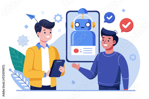 Vector flat illustration showing a man giving a star rating to an AI chatbot on a digital interface. Perfect for concepts related to customer feedback, online reviews, chatbot interaction, user satisf