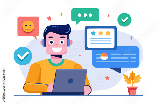 Vector flat illustration showing a man giving a star rating to an AI chatbot on a digital interface. Perfect for concepts related to customer feedback, online reviews, chatbot interaction, user satisf