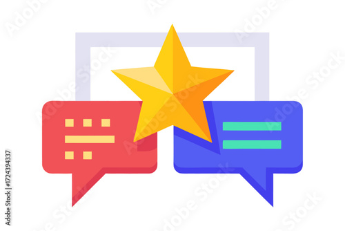 Vector flat illustration showing a man giving a star rating to an AI chatbot on a digital interface. Perfect for concepts related to customer feedback, online reviews, chatbot interaction, user satisf