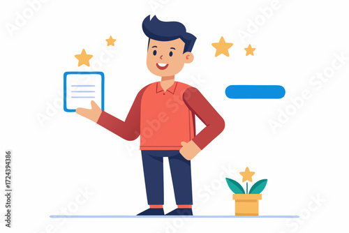 Vector flat illustration showing a man giving a star rating to an AI chatbot on a digital interface. Perfect for concepts related to customer feedback, online reviews, chatbot interaction, user satisf
