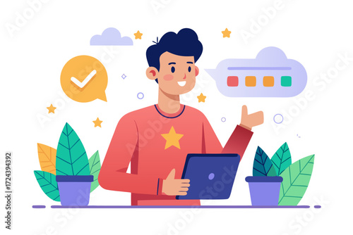 Vector flat illustration showing a man giving a star rating to an AI chatbot on a digital interface. Perfect for concepts related to customer feedback, online reviews, chatbot interaction, user satisf