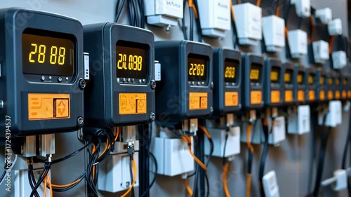 Row of digital meters displaying data in a factory or industrial setting.