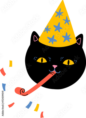 Black cat in party hat blows party horn confetti