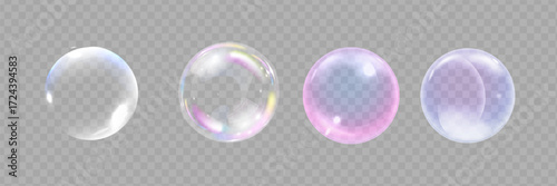 realistic colorful soap bubbles to create a design. Transparent realistic soap bubbles isolated on transparent background.
