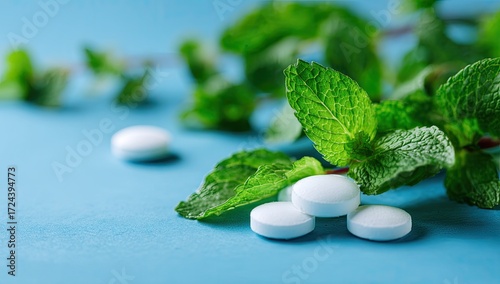 Fresh mint leaves and white pills on a blue surface