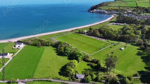 Aerial Drone View of Robert Emmets GAC Cushendun Hurling Pitch Cushendun Village Co Antrim Northern Ireland