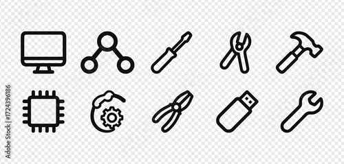 Collection of technology and repair icons on transparent background