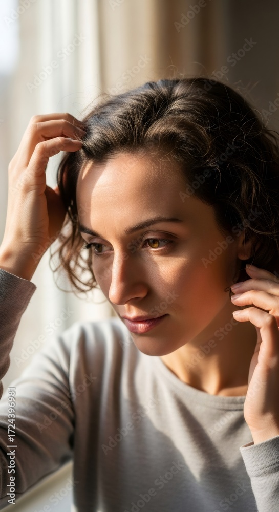 Fototapeta premium Young caucasian woman touching her curly dark hair. Hair care, problem, loss concept. Sad female thinking about balding.