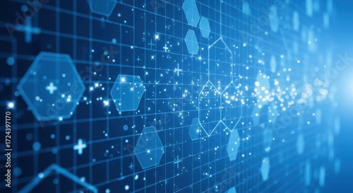 Blue Digital Grid with Hexagons and Glowing Particles abstract background