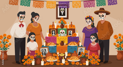 This flat design illustration depicts a loving family celebrating Day of the Dead, gathered around a vibrant ofrenda adorned with traditional offerings. It represents remembrance and cultural heritage